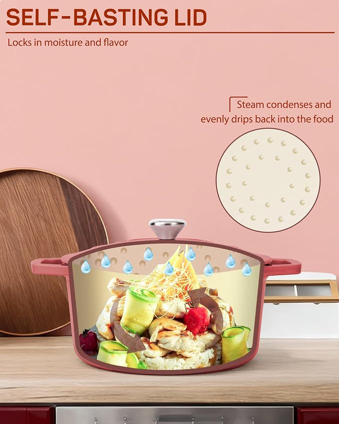 Enameled Cast Iron Dutch Oven – 4.4 Quart Pot with Lid & Potholders – Heavy-Duty Cookware for Bread Baking, Braising, Stews & Roasting – Oven & Stovetop Safe up to 500°F – Red