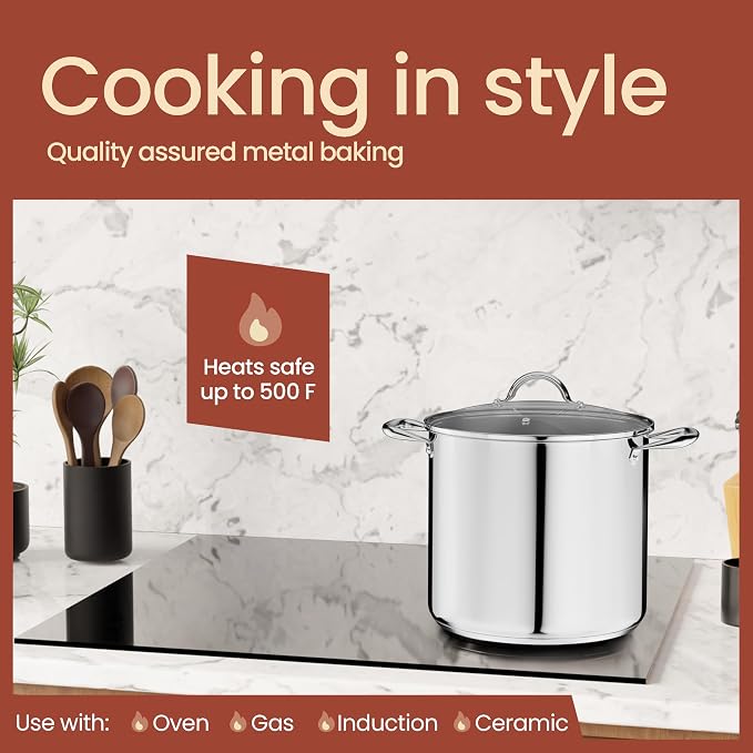 Stainless Steel Stockpot with Tempered Glass Lid 16 Quart, Durable 18/0 Stainless Steel, Impact-Bonded Base for Even Heating, Riveted Handles, Oven & All Stove Compatible, Safe Up To 500°F (260°C)