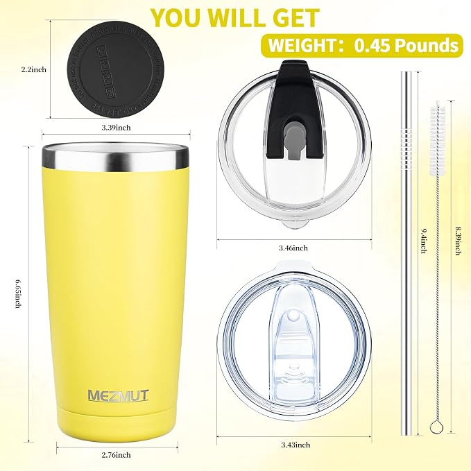 MEZMUT 20oz Insulated Tumbler Travel Coffee Mug with Lid Straw(Yellow,1) | 18/8 Stainless Steel Double Wall Vacuum Spill Proof Metal Insulated Tumbler with Daul Lid and Straw, Hot or Iced Coffee Cup
