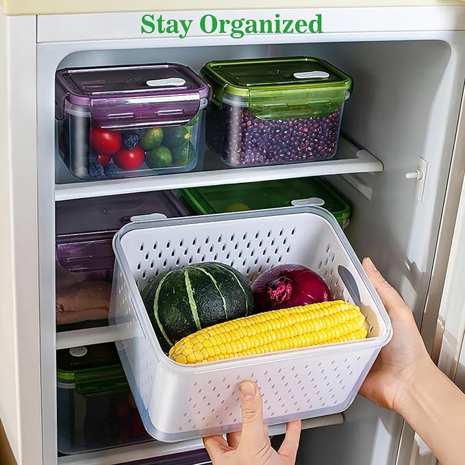 Fruit Storage Containers for Fridge with Removable Colander, Food Storage Containers with Lids, Dishwasher & Microwave Safe, Keep Berry Fruit Vegetable Meat Fresh Longer (Clear Body/Clear Lid)