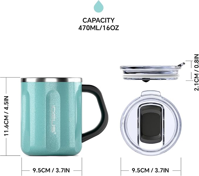 Ideus 16 oz Insulated Coffee Mug with Handle and Lid, Double Wall Stainless Steel Vacuum Thermal Coffee Mug, Travel Coffee Cup Thermal Cup for Home and Office, Sky Blue-FUJI FLOW