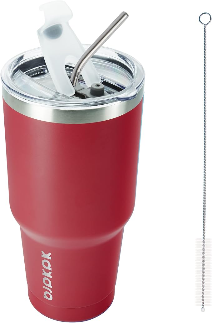 BJPKPK 30 oz Tumbler with Lid and Straw, Insulated Stainless Steel Cup | Double Wall Vacuum, BPA Free, Leak Proof, Keeps Hot/Cold, Travel & Beach Ready, Car Holder Fit, Red