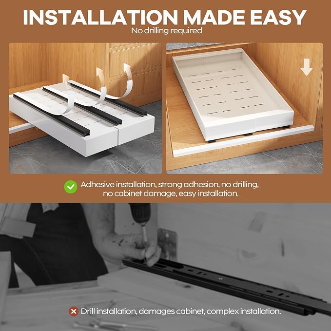 Seinloes 4 Pack Expandable Pull Out Cabinet Organizer 21" Deep with Raising Pad for Framed Cabinets,Upgrade 3 Slide Rails Slide Out Drawers,Roll Out Shelves Adhesive,Adjustable Width 9"-14.1" White