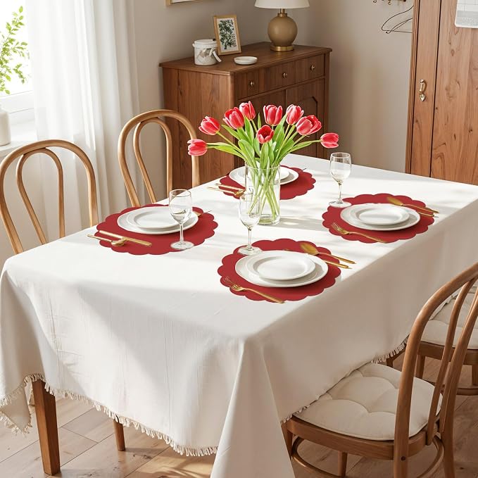 60 Pcs Red Paper Placemats, 13.5 Inch Disposable Scalloped Place Mat | Round Table Place Mats Decorative Paper for Christmas New Year Anniversay Birthday Wedding Banquet Holiday Party