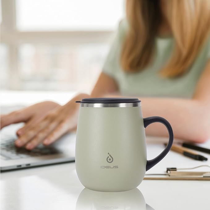 Ideus 16 oz (470 ml) Insulated Coffee Mug with Handle and Lid, Double Wall Stainless Steel Vacuum Thermal Coffee Mug, Travel Coffee Cup Thermal Cup for Home and Office (Celadon)