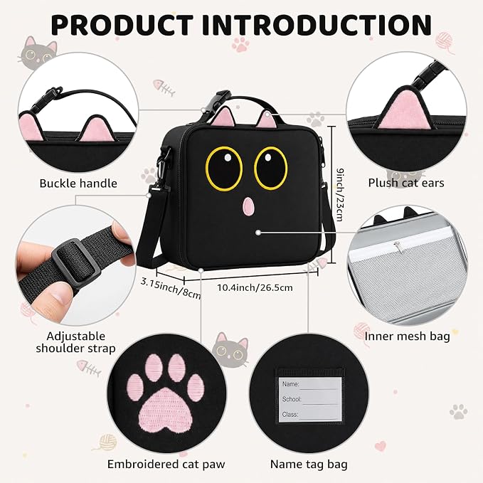 Insulated Lunch Bag lonchera for Teen Girl Boy Kid Bento Box Reusable Large Capacity Portable Waterproof Leakproof with Name Tag to School Office Picnic Travel (1PCS Lunch Bag) (Black)