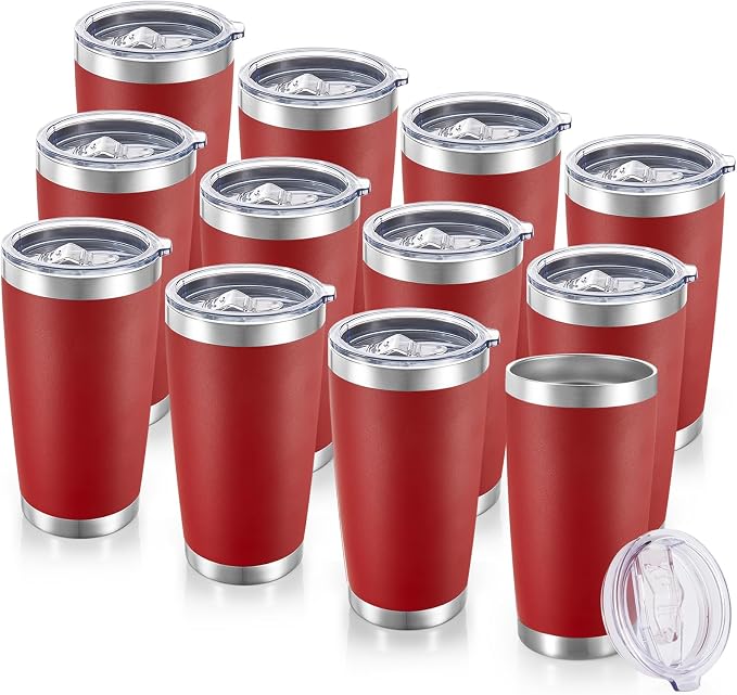 20 oz Tumblers Bulk Stainless Steel Tumbler with Lid, 12 Pack | Wine Red, 20oz Insulated Coffee Mug, Double Wall Vacuum, Powder Coated Cup, for Hot and Cold Drinks