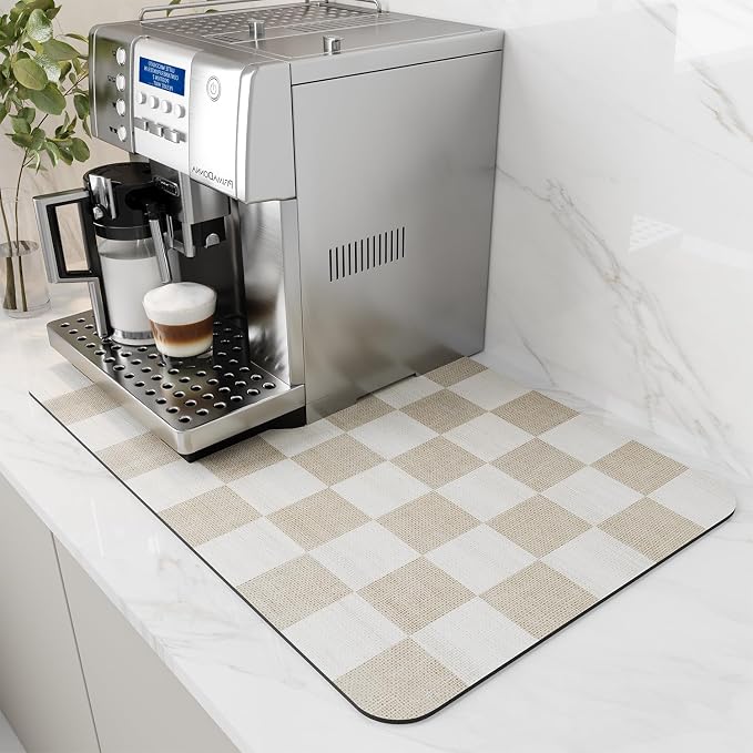 AMOAMI Dish Drying Mat for Kitchen Counter-Coffee Mat Bar Accessories, Hide Stain, Rubber Backed, Absorbent, Fit Under Coffee Maker, Espresso Machine, Pot, Dish Rack,(16X24,Buffalo Beige)