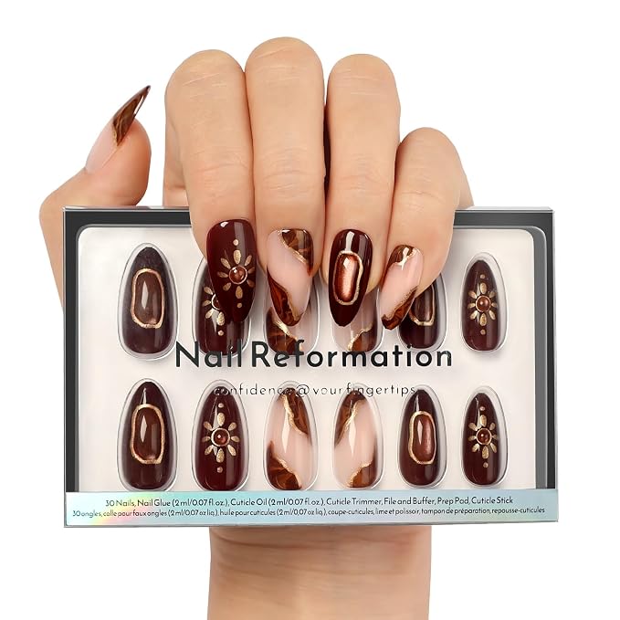 Nail Reformation Press On Nails, Sun Stone | Medium Almond Fake Nails | with 3D Golden Shimmer on Amber Glow Base in Glossy Finish, Reusable Stick On Nails in 15 Sizes - 30 Nail Kit for Women Gifts