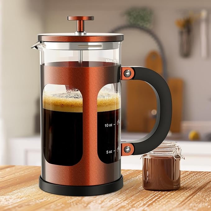 Veken French Press Coffee Maker,No Plastic Touches Cafe,21oz 0.6L Small Pot | Heat Resistant Thickened Borosilicate Glass Stainless Steel Brewer, Single Serve for Kitchen,Travel,Camping,Tea,Gifts, Copper