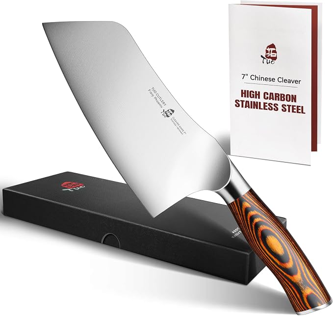 TUO Vegetable Cleaver Knife, Chinese Chef Knife 7 inch Meat Cleaver with Pakkawood Handle, Stainless Steel Butcher Chopper for Home Kitchen - Fiery Phoenix Series