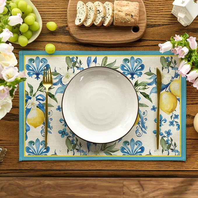 Artoid Mode Blue Lemon Iris Summer Placemats Set of 4, 12x18 Inch Seasonal Table Mats for Party Kitchen Dining Decoration