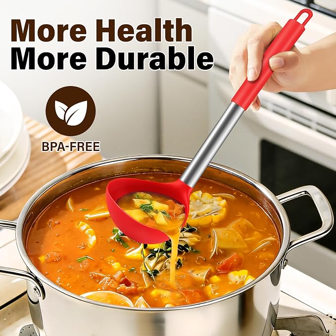 3Pcs Silicone Cooking Spoon Set, Kitchen Utensils Include Solid & Slotted Spoon, Soup Ladle, Food-Grade Heat Resistant 446°F, Non-Scratch Spoons for Serving, Stirring, Draining, Dishwasher Safe, Red