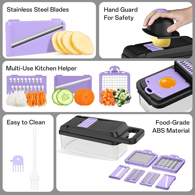 HomeHacks Veggie Chopper Vegetable Cutter, 12 in 1 Kitchen Gadget, Purple | Dicer, Slicer, Cutter, Slap Chop, Cheese Grater & Egg Separator - Multi-Functional Salad Fruit Onion Chopper with Container