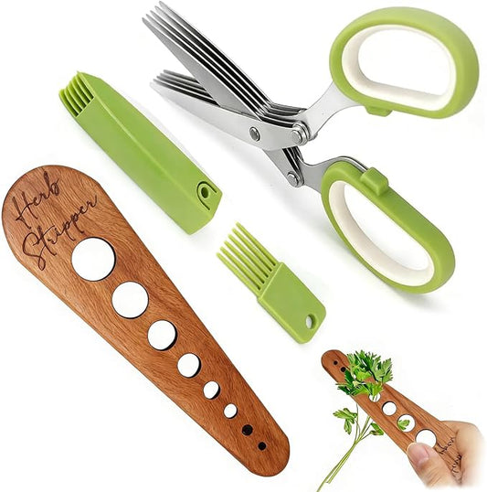 Herb Scissors & Herb Stripper Wooden Vegetable Leaf Separator, Multipurpose 5 Blade Kitchen Salad Scissors, Exquisite Herb Stripper Gifts for the Kitchen Suitable for Home Use