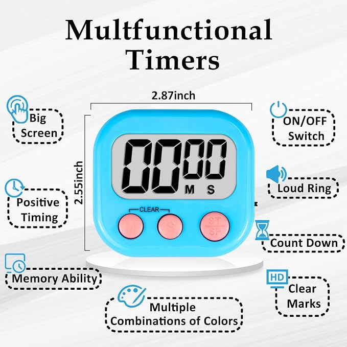 ZILLEEN Digital Kitchen Classroom Timers for Kids Cooking 6pcs Blu Pk Pur | Strong Magnetic, Large Screen, Big Button, Count Up/Down, Loud Alarm, Teacher Classroom Must Haves Supplies