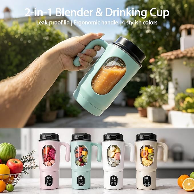 Personal Blender for Smoothies, 580ML USB-C Rechargeable | Portable Blender Cup, 12-Blade Smoothie Maker with Travel Lid, Handle & LED Display for Gym, Office, Travel and Outdoor