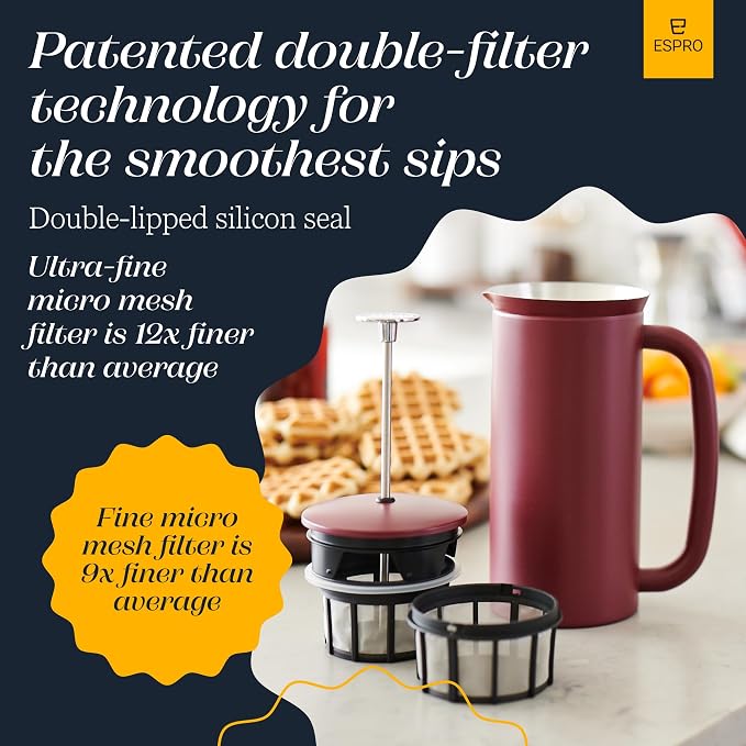 ESPRO P7 French Press, 32oz, Cranberry, Stainless Steel Coffee Maker | Double Filter Coffee Press, Grit-Free Coffee, Heat Resistant Insulated tea Press, Easy Hot and Cold Coffee Brewer, Tea Brewer