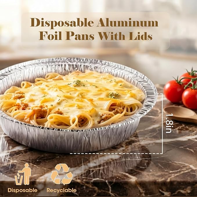 60 Pack 9” Round Aluminum Pans with Clear Lids, Disposable Foil Pie Pans with Lids, Pie Tins Disposable, Freezer & Oven Safe for Storing, Baking, Meal Prep & Reheating