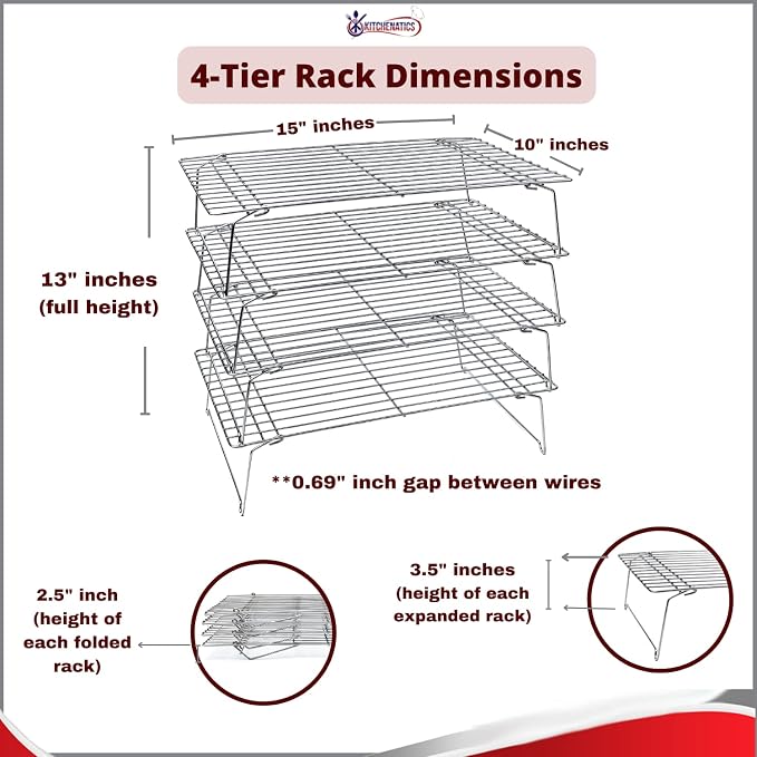 4-Tier Stackable Cooling Racks for Baking, 100% Stainless Steel Wire Rack, Oven Safe Baking Rack, Oven Rack for Pizza, Cake, Bread, Cooling Rack for Cooking and Baking, Cookie Rack 15x10