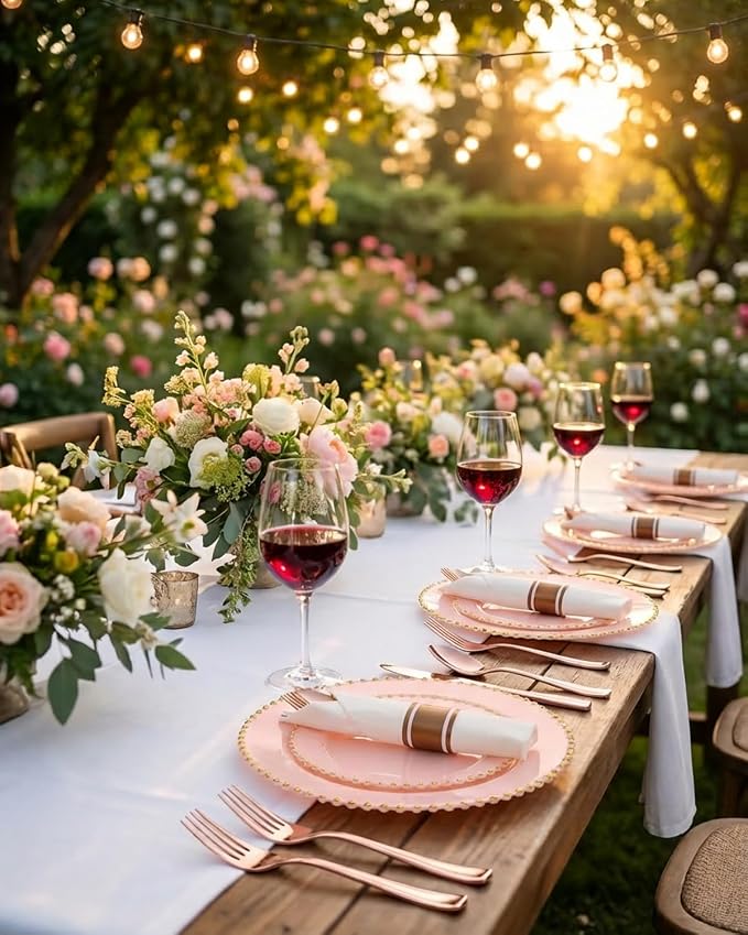 30 Pack Pre Rolled Rose Gold Plastic Silverware, Linen Napkin | Heavy Duty Disposable Wrapped Flatware Cutlery Set for Bridal Showers, Weddings, Birthdays & Graduations