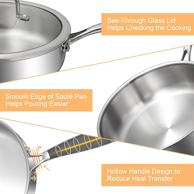 EWFEN Tri-Ply Stainless Steel Frying Pan 3QT, 10 Inch Deep Frying Pan with lids, Skillet, Induction Cooking Pan, Dishwasher and Oven Safe, Fast & Even Heat, Heavy Duty and Detachable Handle