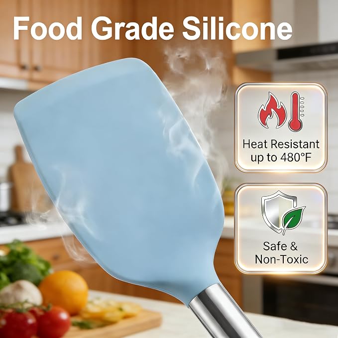 Vayvnt Silicone Cooking Utensils Set, Heat Resistant Spatula Spoon, Blue | 4PCS, Kitchen Utensils for Non Stick Cookware, Hanging Hole, Easy Cleaning Cooking Tools, Metal Long Handle, Dishwasher Safe