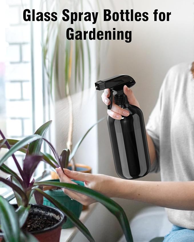 Bontip Glass Spray Bottle 16 oz for Cleaning, Plants (2 Pack, Black) | 16oz refillable black spray bottles 2 pack, BPA-free eco glass, With labels, Great for cleaners, plant misting, hair care