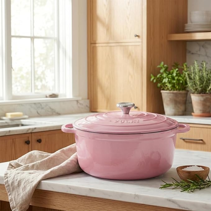 Zulay Kitchen 7.7 Quart Enameled Cast Iron Dutch Oven Pot with Lid – Premium Durability & Oven Safe up to 500°F – Heavy Duty Cookware Perfect for Bread Baking, Stews, Braising & Roasting – Pink