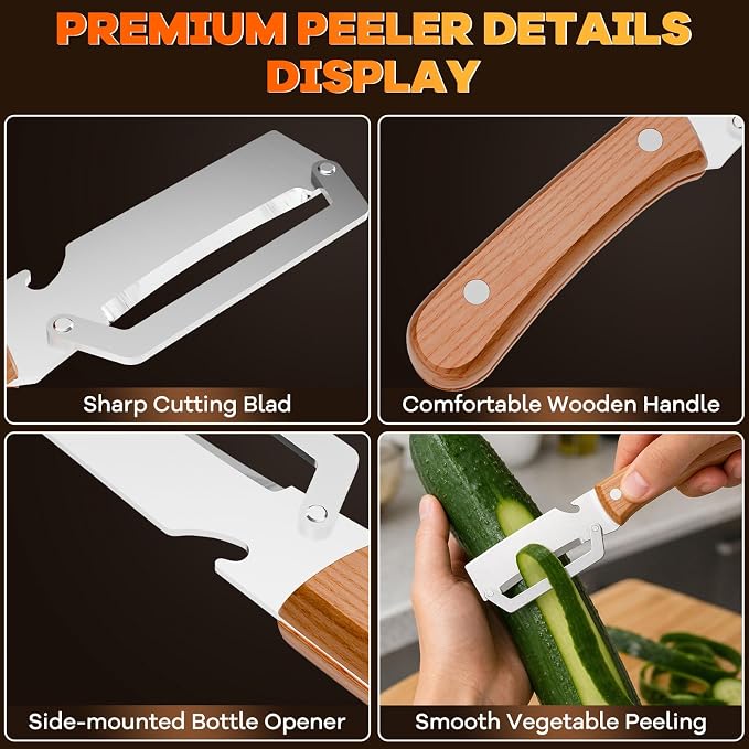 2 Packs Multi-Functional Vegetable Peeler for Kitchen with Wooden Handle and Bottle Opener, Ultra-Sharp Stainless Steel Blade Kitchen Tool for Veggie, Fruit, Potato, Carrot, Apple, Pumpkin, Papaya