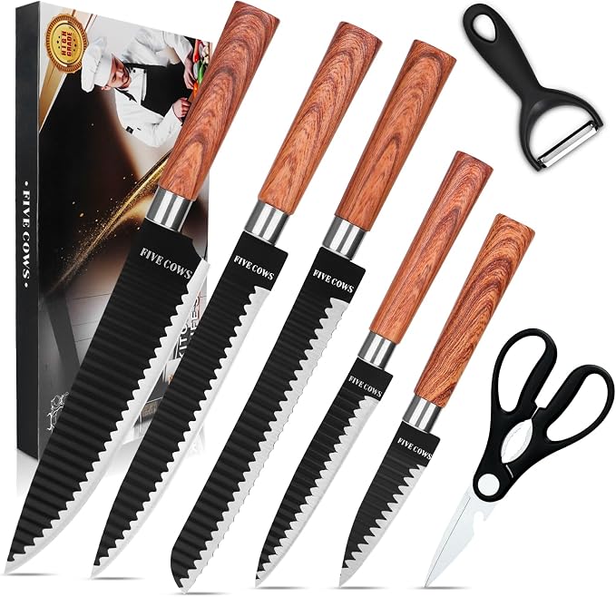 7-Piece Ultra Sharp Chef Knife Set - Premium German High Carbon Stainless Steel, Ergonomic Wood Pattern Handle, Professional Kitchen Knives with Gift Box (Brown 7 Piece)