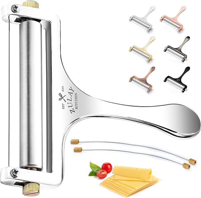 Zulay Kitchen Stainless Steel Wire Cheese Slicer - Adjustable Hand Held Cheese Cutter with 2 Extra Wires - Premium Cheese Knife for Mozzarella, Cheddar, Gruyere - Cheese Cutter with Wire (Silver)