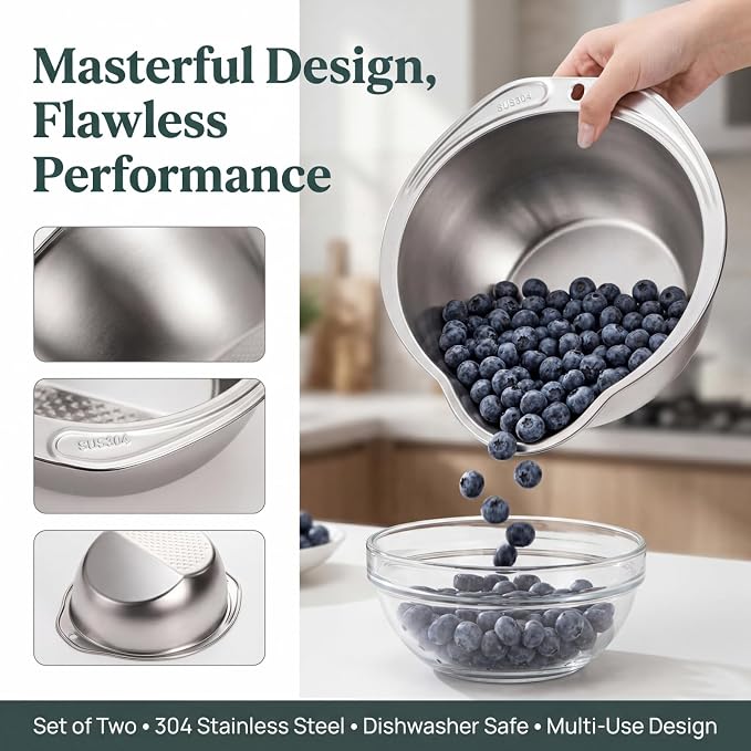 2 Pack Rice Washer Strainer Bowl, Stainless Steel Colander | Kitchen Washing Bowl with Side Drainers, Versatile Tool Accessories for Cleaning Fruit, Vegetables, Beans, Pasta