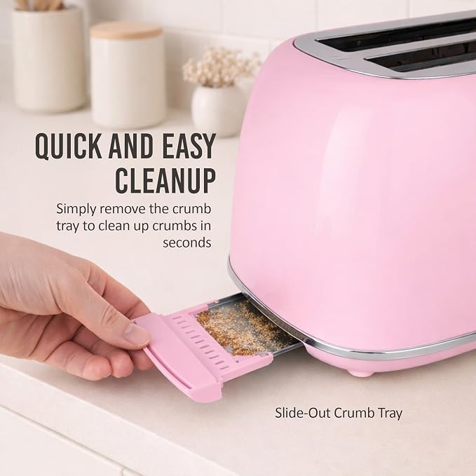 Nostalgia Classic Retro 2-Slice Toaster- Vintage Design- Enamel Coated Steel Body- Wide Slots for all Breads- Crumb Tray, Cord Storage- Defrost,Cancel and Bagel Function & 6 Toasting Levels- Pink