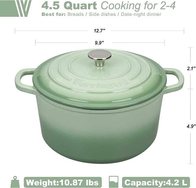 Enameled Cast Iron Dutch Oven Pot with Lid, for Sourdough Bread Baking, Round Dutch Ovens, 4.5 Quart, Green