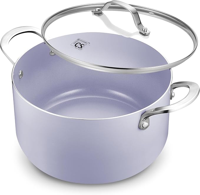 KOCH SYSTEME CS 6 Quart Nonstick Stock Pot with Lid, 6 QT Nonstick Ceramic Stockpot with Stainless Steel Handle, Induction Cooking Pot for Soups, Casserole, Soup Pot, Even Heating, Oven Safe, Purple