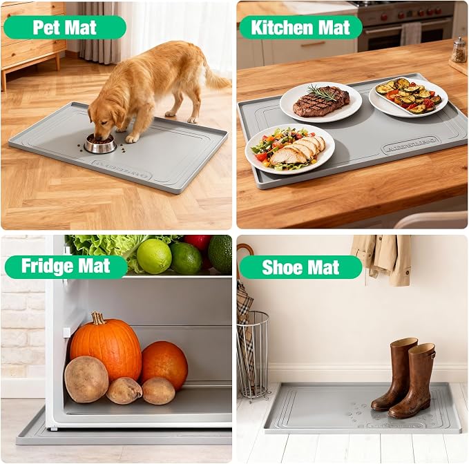 Under Sink Mat 22" X 19", Waterproof Silicone Cabinet Kitchen Liner, Gray | BPA-Free Raised-Edge Cabinet Protector & Leak Tray for Bathroom Cabinets, Boots, Pet Feeding Dog & Cat Mats, Dishwasher Safe