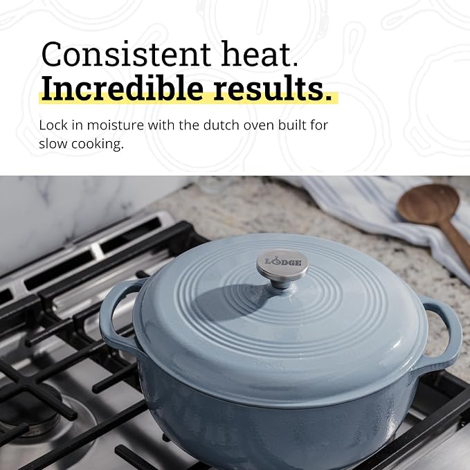 Lodge Essential Enamel Cast Iron Dutch Oven with Lid 7.5 Quart - Oven-Safe Enamel Cookware up to 500° F - Heat-Retaining Braising & Roasting Pot - Non-Toxic Cookware - Storm Blue