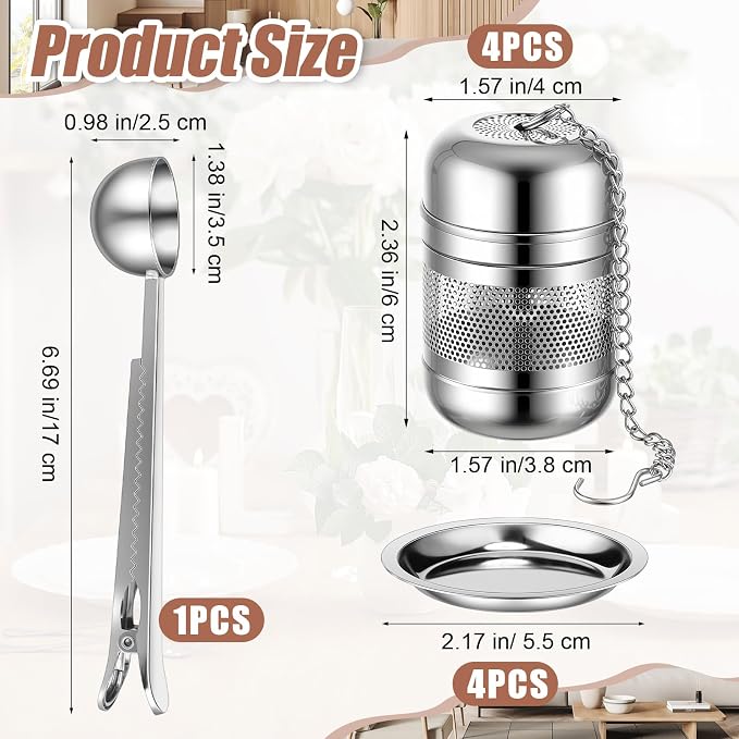 4 Pcs Tea Infuser Strainers for Loose Tea with Scoop, Extra Fine Mesh Steeper 304 Stainless Steel Diffuser Leaf Holder with Extended Chain Hook for Brew, Spices, Seasoning (Stylish Style)
