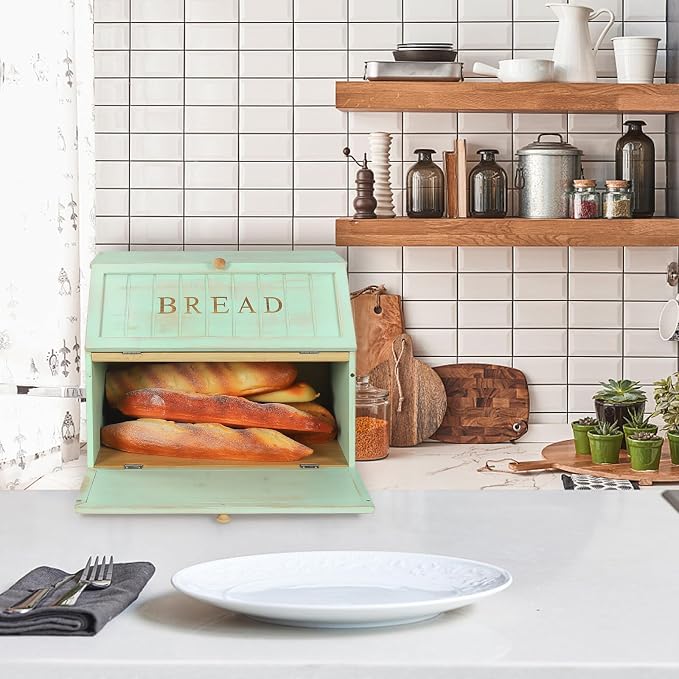 HOMEKOKO Retro Double Layer Large Bread Box for Kitchen Counter, Mint Green | Keeps Bread Fresh 3-4 Days, 2-Tier Capacity Fits 2+ Loaves,Suitable For Farmhouse/Rustic Kitchens Use, Retro Design