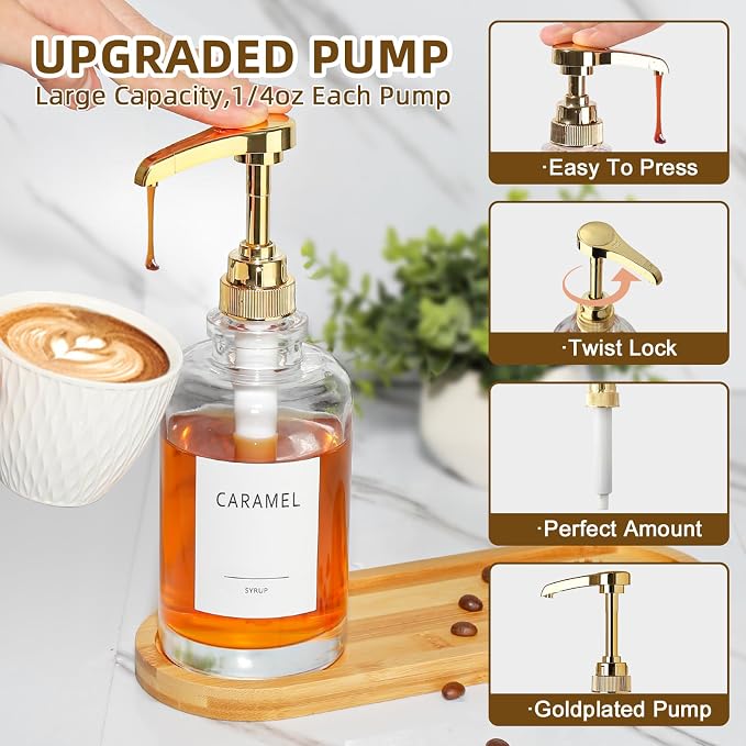 Coffee Syrup Dispenser, Glass Syrup Pump Dispenser for Coffee Bar Accessories, Maple Syrup Bottles with Tray, 16.9 fl oz Simple Syrup Bottles with 1/4oz Large Capacity Gold Pump