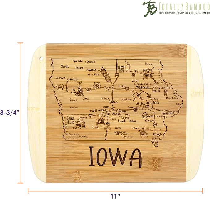 Totally Bamboo A Slice of Life Iowa Engraved Map Cutting Board | 11” x 8.75” charcuterie board with engraved state map artwork. Smooth reverse side for food prep. Hang tie for wall display.