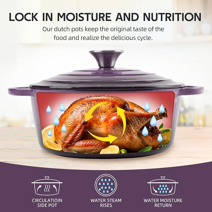 Dutch Oven Enameled Cast Iron with Lid - Big Dual Handles - Oven Safe up to 500°F - Classic Round Pot for Versatile Cooking (Purple, 3 QT)