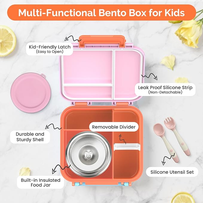 Kids Bento Lunch Box with Soup Thermo (9oz)– Hot & Cold Lunch Container with Leak Proof Insulated Food Jar for School Girls Boys, Ideal Size for Ages 3 to 7, Pink/Orange