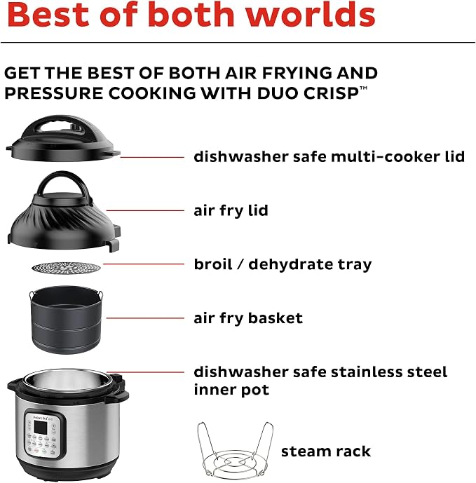 Instant Pot Duo Crisp 11-in-1 Air Fryer and Electric Pressure Cooker Combo with Multicooker Lids that Fries, Steams, Slow Cooks, Dehydrates,Free App With Over 800 Recipes, Black/Stainless Steel, 8QT