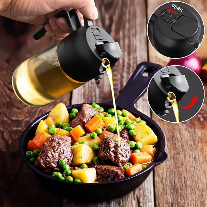 Olive Oil Sprayer for Cooking, 16oz Glass 2 in 1 Oil Dispenser Bottle | Light Blocking, BPA-Free Food Grade, Fine Mist Precise Control, Air Fryer BBQ Salad, Leakproof Anti-Clog, Pre-Printed Labels