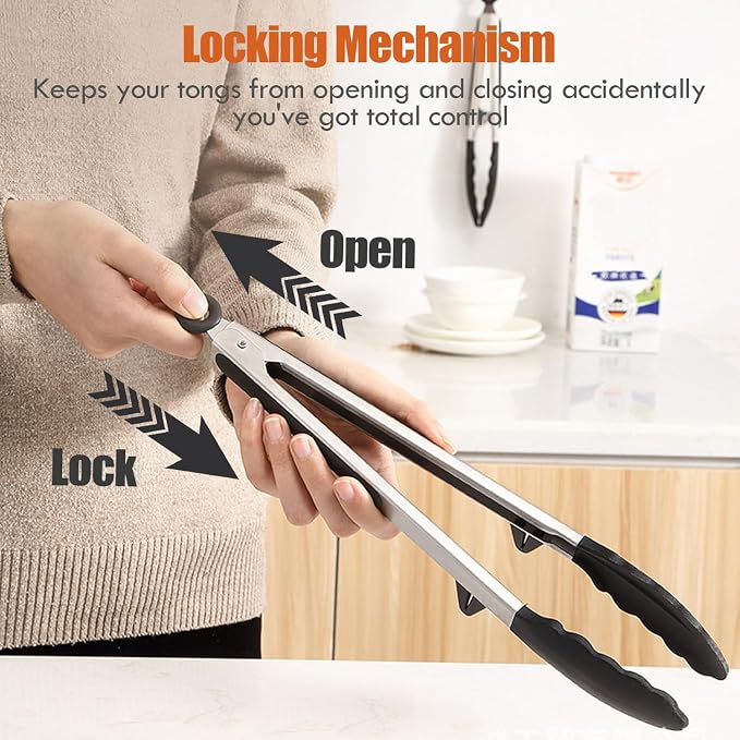 12" Kitchen Tongs for cooking with Silicone Tips, 3Pcs Serving Tongs, Black | Small Silicone Tongs mit kickstand, Food Grade, 3 different type of tongs, Stainless Steel