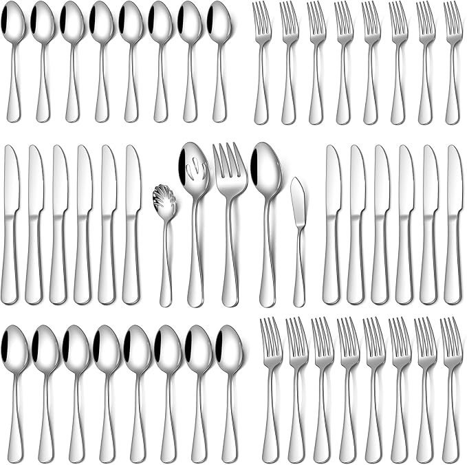 45 Piece Silverware Set for 8 with Serving Utensil Set, Food-Grade Stainless Steel Flatware Set Include Forks Spoons Knives, Dishwasher Safe for Home Hotel Restaurant Wedding, Mirror Polished