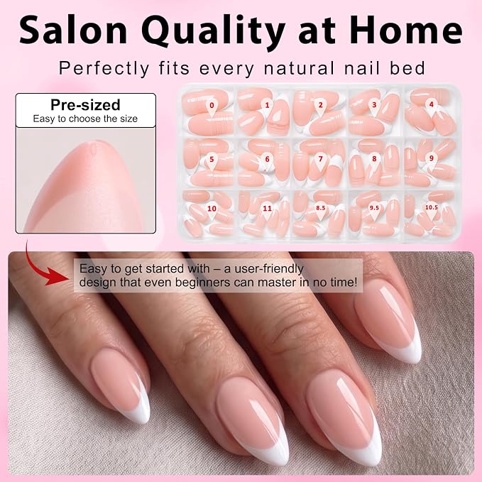 240pc Short French Tip Press on Nails Almond Fake Nails with Glue Tabs | Short Nails Press ons Almond Glue on Nails Nude Acrylic Nails Stick False Nail Artificial Fingernail for Women Girls