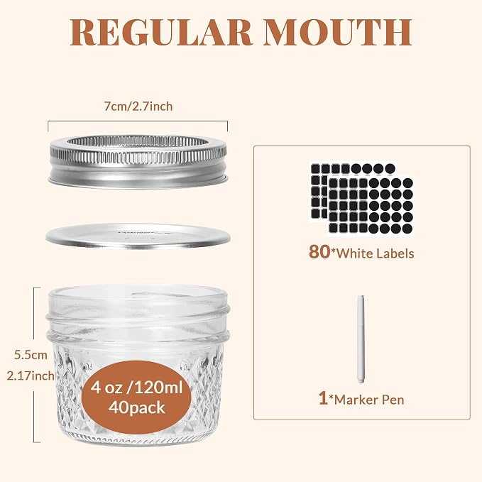 CycleMore 40 Pcs 4oz Crystal Mini Mason Jars, Silver Separable Lids | Airtight, BPA-free, Reusable, WasherSafe, Small Canning Jars for Jam, Honey, Samples, Wedding Favors, DIY Candles